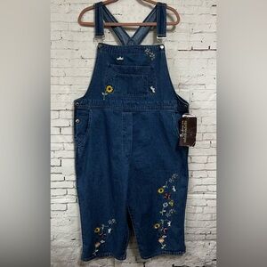 NWT Agapo Embroidered Crop Bib Overalls Boho Blue Jean Denim Women XL Wide Leg